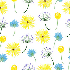 Seamless floral pattern. Watercolor background with flowers. Colorful flowers. Illustration for fabric and wrapping paper.
