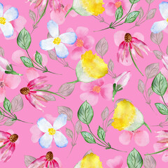 Seamless floral pattern. Watercolor background with flowers. Colorful flowers. Illustration for fabric and wrapping paper.