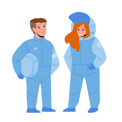 Obraz premium Astronaut Children Couple In Space Suit Vector. Astronaut Children Boy And Girl Future Work. Characters Teenagers Profession Dreaming For Adventure And Discover Flat Cartoon Illustration