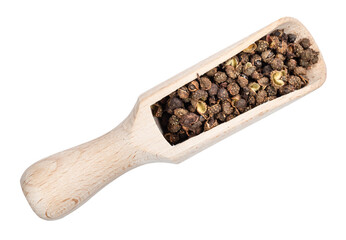 sichuan pepper in wood scoop cutout on white
