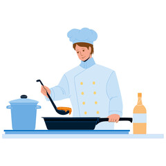 Chef Man Cooking On Restaurant Kitchen Vector. Chef Guy Preparing Delicious Dish. Character Cooker Wearing Professional Suit And Hat Cook Delicacy Meal Food In Kitchenware Flat Cartoon Illustration