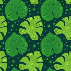Tropical pattern with liana and monstera leaves with folk pattern on green background with dots. Natural vector texture with foliage. Jungle wallpaper with tribal decoration. Backdrop with rainforest