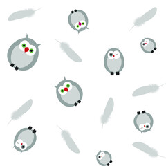 Cute cartoon background with drawings of gray owls. Seamless pattern for textiles, fabric, wrapping paper, wallpaper.