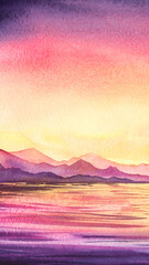 Watercolor beautiful landscape of dusk colorful sky of yellow and purple shades, calm mountain lake and distance layers of rough range. Hand drawn illustration of terrific sunset in mountains - 435750699