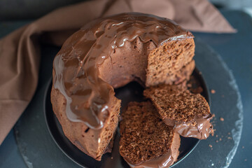 Chocolate bundt cake with slice cut