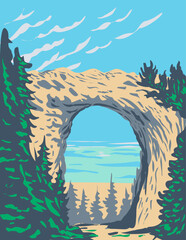 WPA Poster art of Arch Rock located in Mackinac Island within Mackinac National Park in Michigan that existed from 1875 to 1895 done in works project administration style or federal art project style. - obrazy, fototapety, plakaty