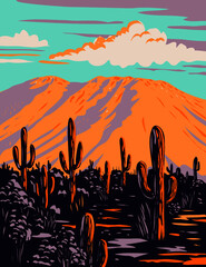 WPA Poster Art of saguaro cactus with Wasson Peak in Tucson Mountains located within the Saguaro National Park in Arizona done in works project administration style or federal art project style. - obrazy, fototapety, plakaty