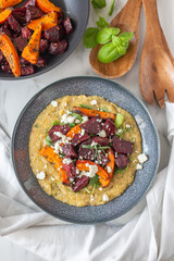 healthy plant-based food, vegan roasted veggies with polenta dish
