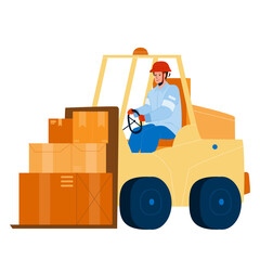 Forklift Worker Driving Truck In Warehouse Vector. Forklift Driver Transportation And Storage Loading Cardboard Boxes. Character Operator Man Shipping Containers Flat Cartoon Illustration