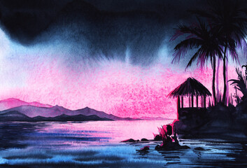 Exotic watercolor landscape of island with bungalow and palms surrounded by calm water with dark silhouettes of mountain layers on the other side. Tropical dream vacation in secluded place