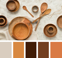 Wooden tableware on grunge background. Different color patterns