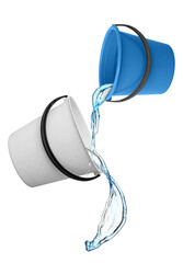 Flying plastic buckets with pouring water on white background © Pixel-Shot