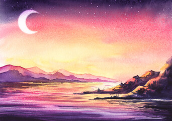 Magic watercolor landscape of river at dusk. Starry colorful sky with young moon above slow flow with colorful ripples between mountains on both sides. Hand drawn illustration of peaceful summer view
