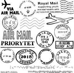 Vector image set cancellation postal stamps from different countries, isolated on white, envelope and parcel stamps