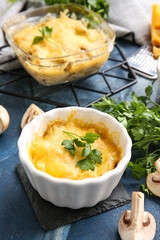 Composition with tasty julienne and ingredients on color background