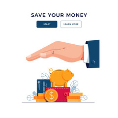 Save your money concept. Business hand covers the wealth, provides security. Secure investment, insurance, to protect savings, Finance safety for banner, web, emailing. Flat design vector illustration