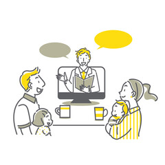 自宅でオンライン説明会に参加する四人家族のイラスト