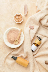 Composition with cosmetic products on color background