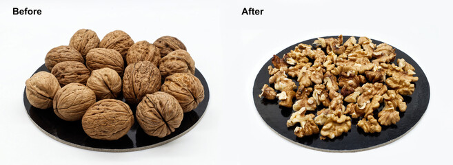 Fototapeta na wymiar Process of peeling walnuts - Before and After