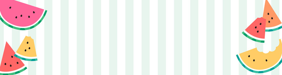 ストライプ背景の夏らしいかわいいスイカのイラストのバナー
