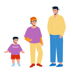 Growing Boy From Little Baby To Adult Man Vector. Growing Boy, Smiling Small Kid, Chewing Gum Teenager And Elegant Grown Guy. Character Life Cycle From Child To Big Flat Cartoon Illustration