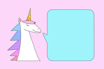 The vector template picture of a unicorn head with word bubble.