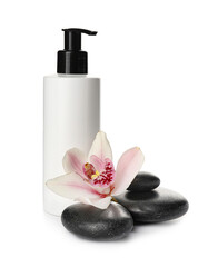 Bottle of cosmetic product, flower and spa stones on white background