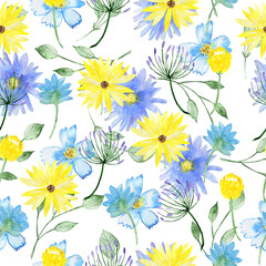 Seamless floral pattern. Watercolor background with flowers. Colorful flowers. Illustration for fabric and wrapping paper.