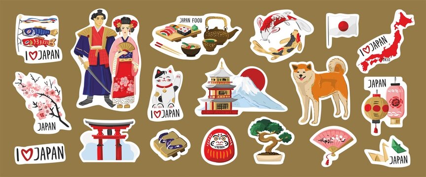 Sticker pack japanese symbols of culture, art, food, history. Set of oriental hand drawn souvenirs isolated on beige. Collection of traditional symbols of Japan. Cartoon vector illustration
