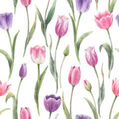 Beautiful floral seamless pattern with hand drawn watercolor tulip flowers. Stock illustration. - obrazy, fototapety, plakaty