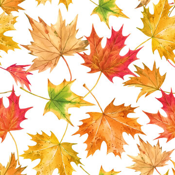 Beautiful vector seamless autumn pattern with watercolor colorful maple leaves. Stock illustration.