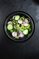 salad vegetable radish, cucumber, green mix leaves veggie meal snack diet vegan or vegetarian food copy space food background rustic top view