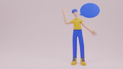 Fototapeta na wymiar Male characters waving their hands with text boxes. 3d render.