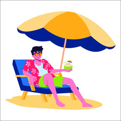 A young man lounged comfortably on a beach chair under large umbrella to block the sunlight on a summer vacation.