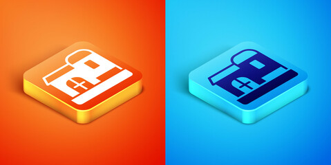 Isometric Farm house icon isolated on orange and blue background. Vector