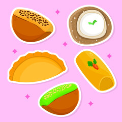 Hand drawn of delicious traditional Indonesia snacks concept pukis surabi pastel semar mendem sticker set collection