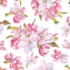 Watercolor cherry blossom seamless floral pattern. Watercolour repeating background.