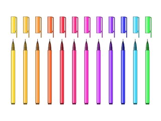 A set of multicolor pens isolated on white background. Collection of creative stationery. Vector illustration