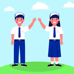 Hand drawn Indonesian junior high school boy and girl student character standing vector design