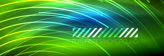 Neon glowing lines, magic energy and light motion background. Vector wallpaper template