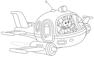 Happy little boy piloting a toy high-speed jet plane on a playground, black and white outline vector cartoon illustration for a coloring book page