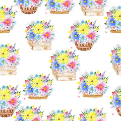 Seamless floral pattern. Watercolor background with flowers. Colorful flowers. Illustration for fabric and wrapping paper.