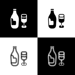Set Wine bottle with glass icon isolated on black and white background. Vector
