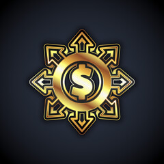 Gold Dollar, share, network icon isolated on black background. Vector