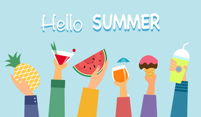 Hand holding tropical fruits- watermelon, pineapple and cocktail drink, fruit juice in flat design. Hello summer party.