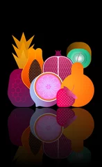 Gordijnen Mix van rijp tropisch fruit met reflectie op een zwarte achtergrond vectorillustratie. Aardbei, ananas, peer, kiwi, granaatappel, citrus, papaya. ©  danjazzia