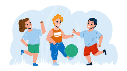Fototapeta premium Children Playing With Ball Outside Together Vector. Kids Playing Football Outside, Team Game. Characters Sport And Leisure Active Time Outdoor And Enjoying Summer Season Flat Cartoon Illustration
