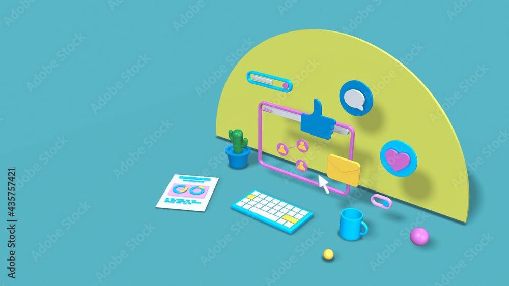 Aufkleber social media and using a computer concept, abstract style with pastel colours, copy space (3d render