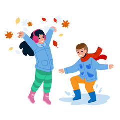 Naklejka premium Kid Play Together Outdoor In Autumn Season Vector. Boy Jumping In Puddles And Preteen Girl Throwing Autumn Tree Leaves In Park. Characters Playing Together Outside Flat Cartoon Illustration