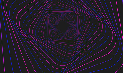 Abstract geometric banner. Swirling purple lines on a gray background. Whirl square, wave stripes, rotation movement, neon spiral image. Futuristic twist grid backdrop. Vector optical art illustration